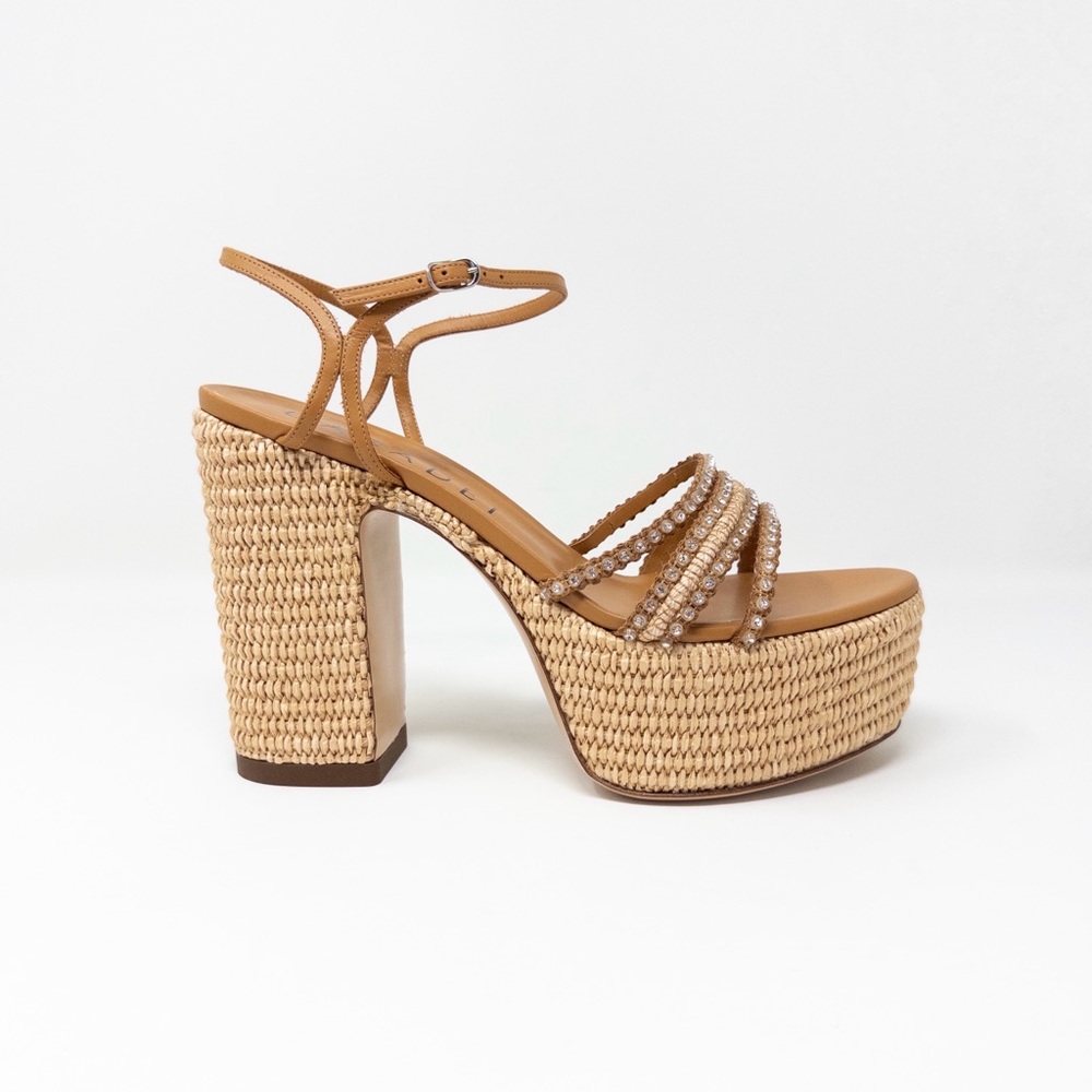 NEW Casadei Limelight Platform Sandals (Sz 38.5) Chunky Heel Crystal Raffia